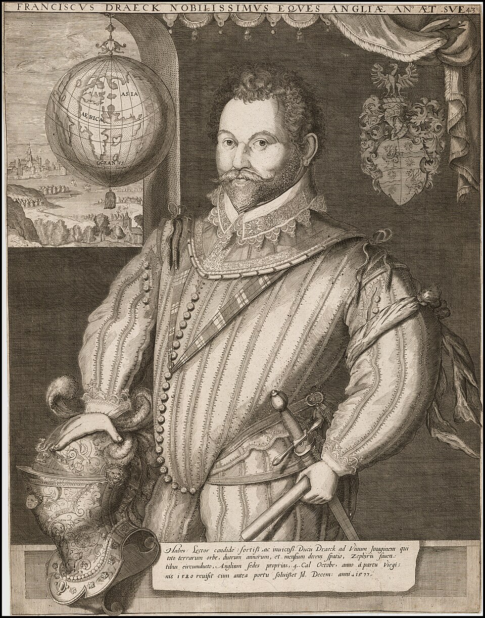 Portrait of Sir Francis Drake in ornate 16th-century armor beside a globe, holding a helmet and sword with a heraldic shield nearby.