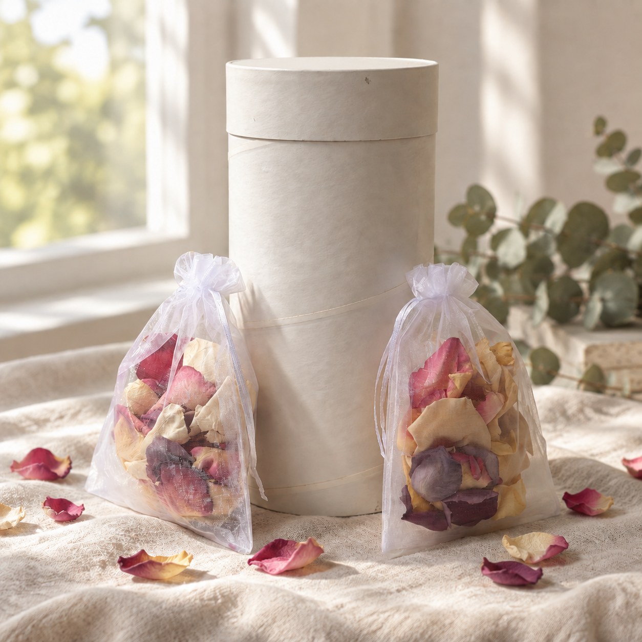 Biodegradable Scattering Urn for Water Burial with 2 Bags of Dried Rose Petals - White